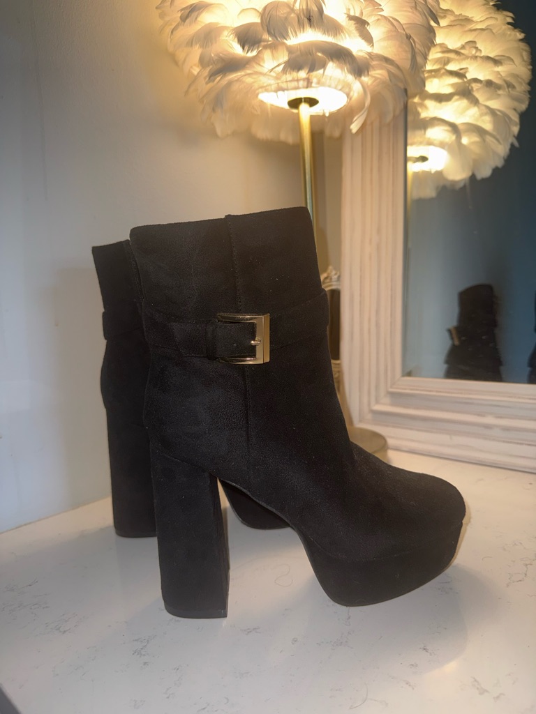 Women's Black Suede High Block Heel Ankle Boots